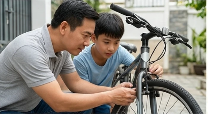 Cha và con trai kiểm tra bảo dưỡng hệ thống phanh xe đạp giúp phòng tránh hạn Toán Tận cho nam mạng giáp ngọ 2014