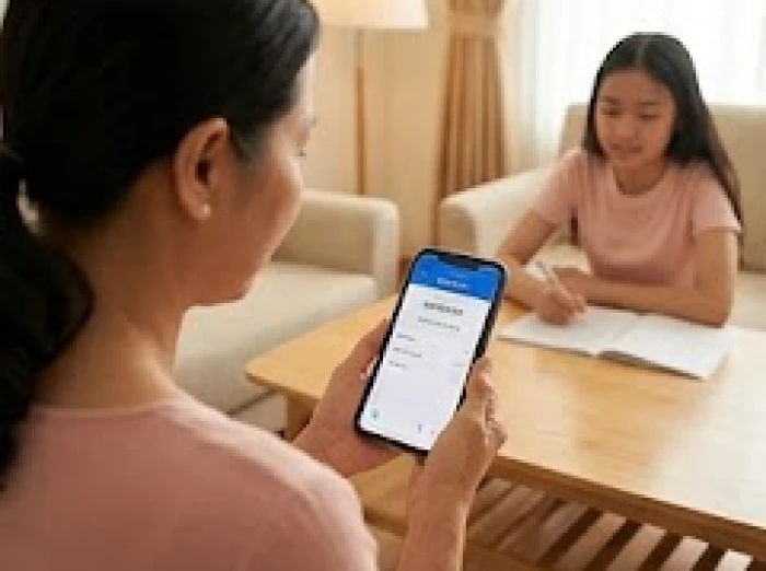 Người mẹ kiểm tra tin nhắn mã OTP trên điện thoại khi thanh toán học phí trực tuyến cho con gái