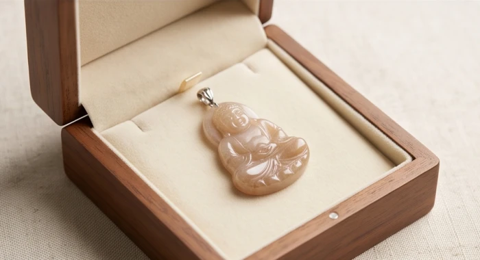 Mặt dây chuyền phật bản mệnh được cất giữ cẩn thận bên trong chiếc hộp gỗ lót vải nhung mềm mại