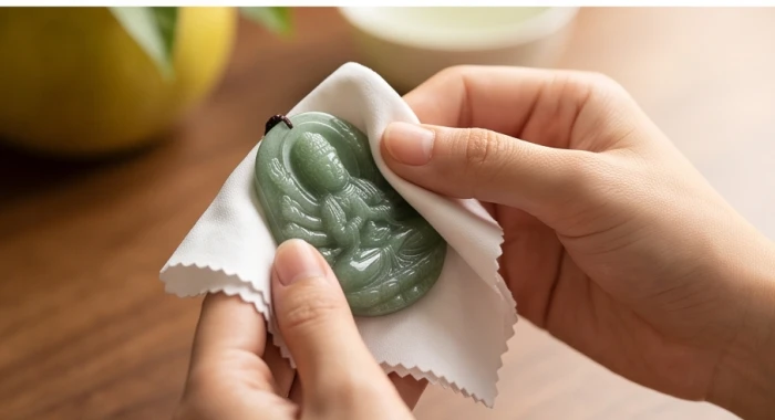 Quá trình dùng khăn mềm nhúng nước thảo mộc lá bưởi lau sạch mặt phật bản mệnh tuổi tý định kỳ