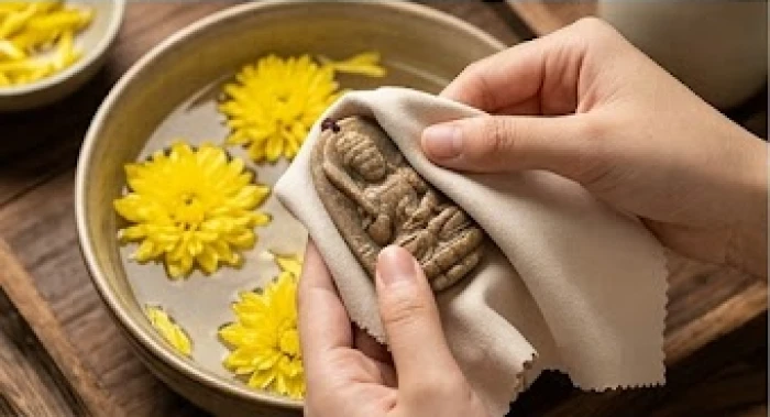 Quá trình dùng khăn mềm lau rửa mặt tượng Phật bằng nước ấm pha hoa cúc