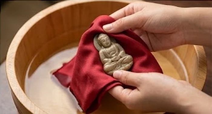 Đôi bàn tay đang dùng khăn lụa đỏ cẩn thận lau sạch mặt dây chuyền Phật bằng đá