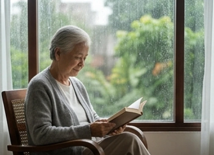 Gia chủ lớn tuổi khoác thêm áo ấm mỏng khi ngồi đọc sách bên cửa sổ trong những ngày thời tiết giao mùa