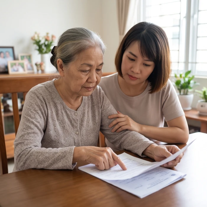 Người lớn tuổi cùng con cháu kiểm tra kỹ lưỡng các tin nhắn và giấy tờ
