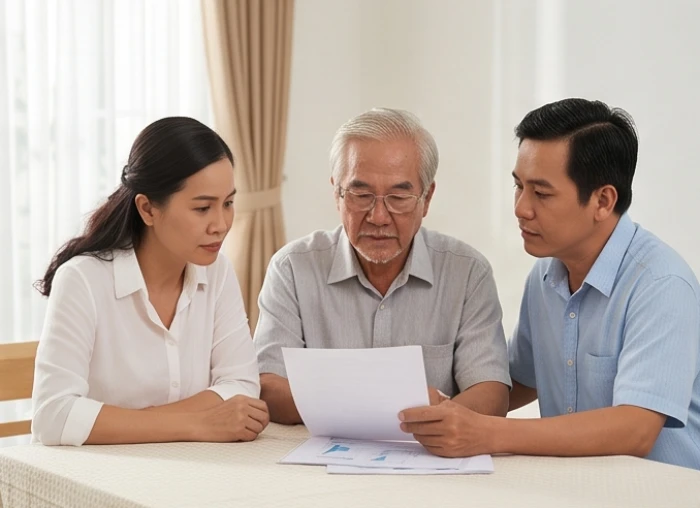 Các thành viên trong gia đình cùng nhau xem xét kỹ lưỡng các giấy tờ tài sản