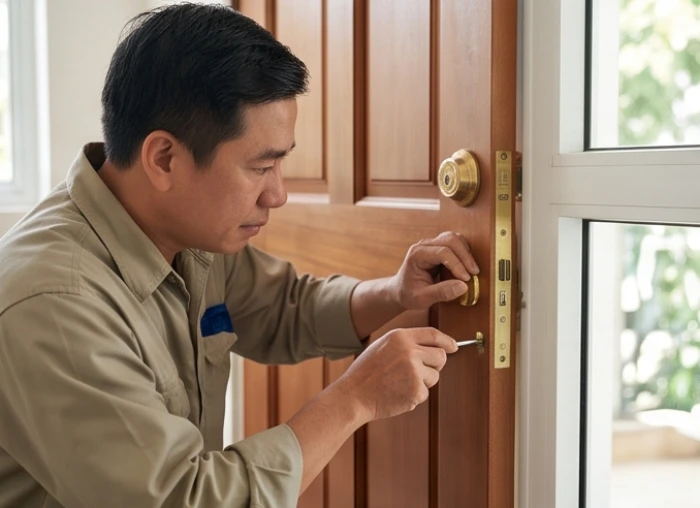 Gia chủ trung niên cẩn thận kiểm tra ổ khóa cửa chính và gia cố chốt an toàn trong nhà để phòng ngừa thất thoát tài sản