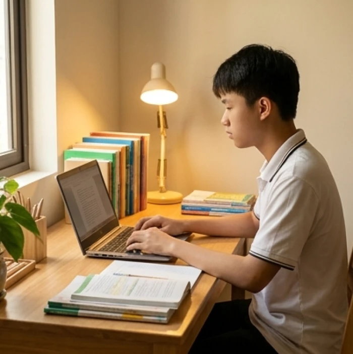 Học sinh Kỷ Sửu giữ khoảng cách chuẩn với màn hình và nghỉ ngơi mắt khi ôn thi muộn phòng hạn thị lực