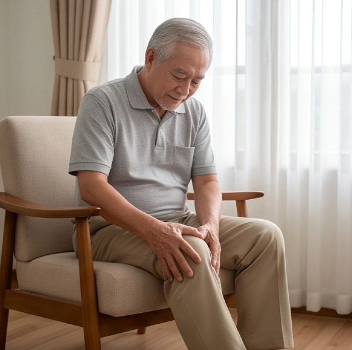 Người đàn ông lớn tuổi nhẹ nhàng xoa bóp đầu gối trong khi ngồi nghỉ trên ghế tựa êm ái