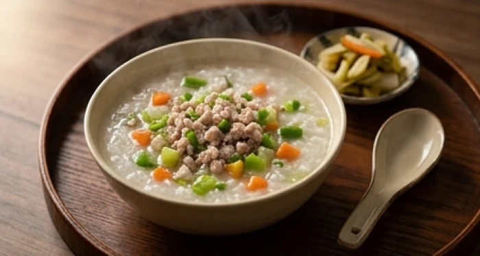 Bát cháo thịt băm hầm rau củ nhừ được đặt ngay ngắn trên khay gỗ dành cho bữa ăn nhẹ của người cao tuổi
