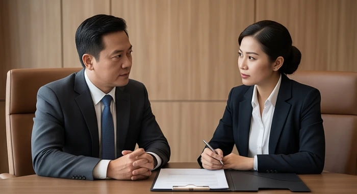 Hai đối tác kinh doanh thảo luận căng thẳng về tỷ lệ chia sẻ lợi nhuận trong giai đoạn đầu ký kết hợp đồng