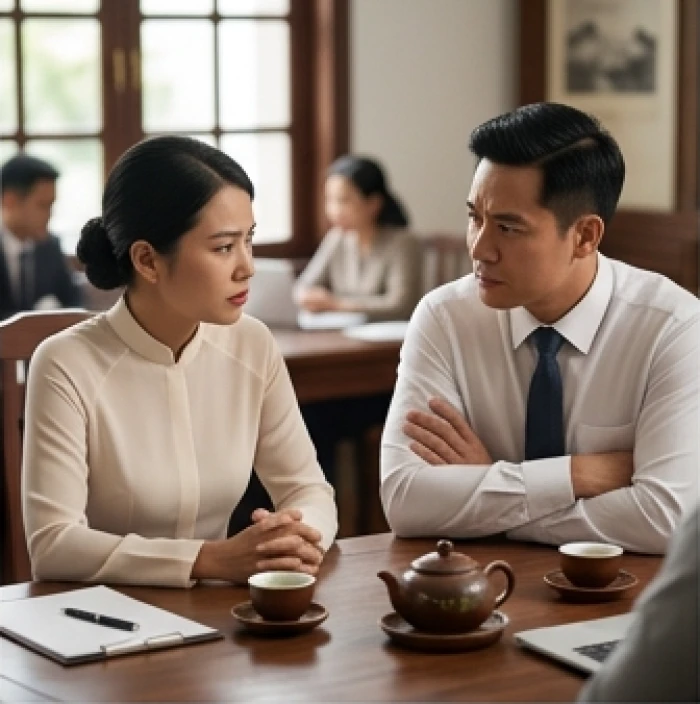 Hai đối tác kinh doanh đang trao đổi công việc với vẻ mặt căng thẳng bên tách trà.
