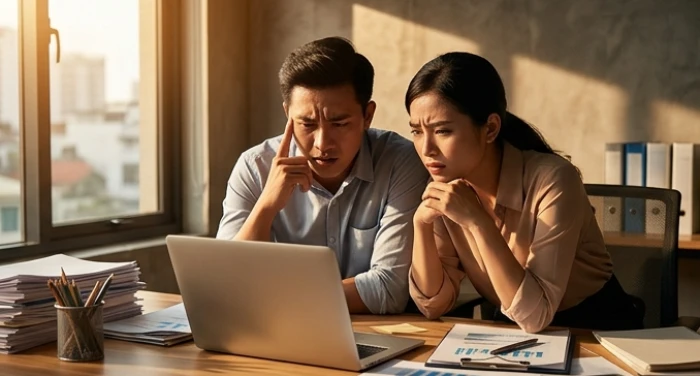 Hai nhân viên văn phòng bộc lộ nét mặt căng thẳng khi cùng phân tích các số liệu đang giảm sút
