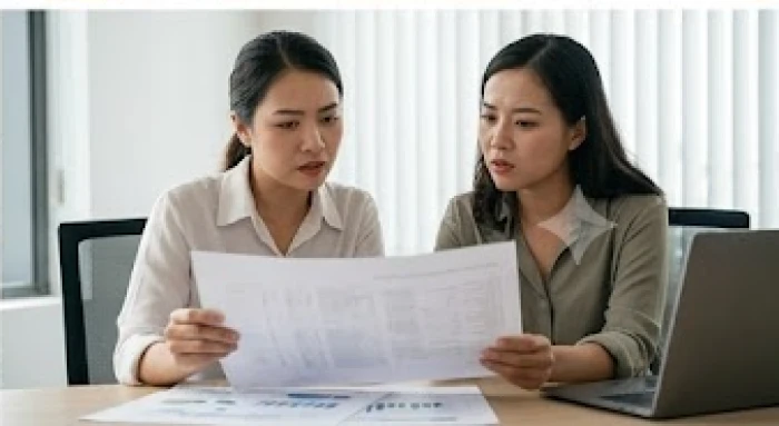 Hai nữ nhân viên văn phòng có vẻ mặt căng thẳng khi thảo luận về tiến độ và kết quả công việc chung