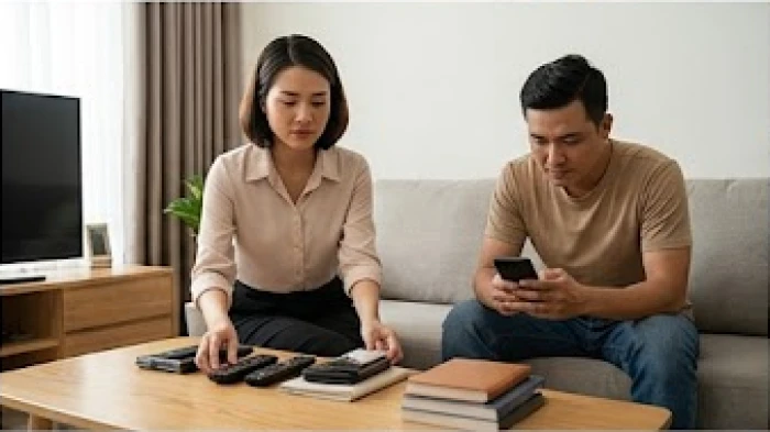 Cảnh người vợ đang cẩn thận sắp xếp lại đồ đạc trong khi người chồng tỏ ra thờ ơ ngồi xem điện thoại