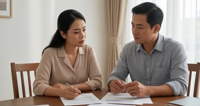 Hai vợ chồng ngồi đối diện bên bàn ăn với nét mặt suy tư khi bàn bạc về kế hoạch chi tiêu gia đình