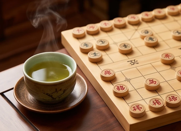 Tách trà gốm sứ tỏa khói nóng bên cạnh bàn cờ tướng bằng gỗ đang bày các quân cờ dang dở