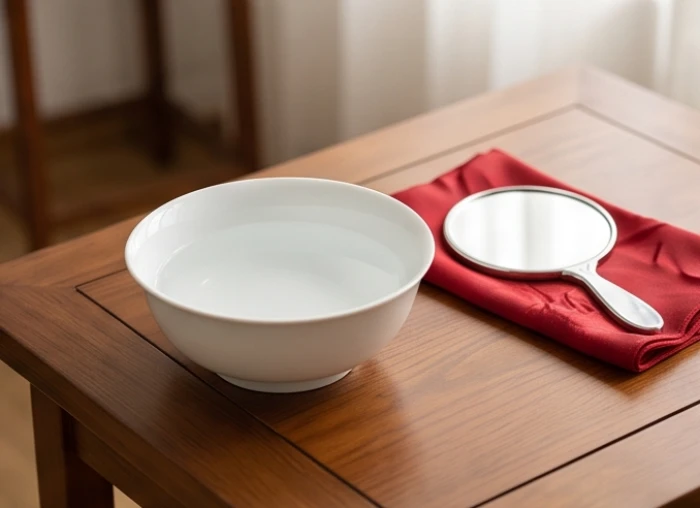 Bát sứ trắng sạch đựng nước âm dương cùng chiếc khăn lụa đỏ và gương nhỏ chuẩn bị cho nghi thức khai quang