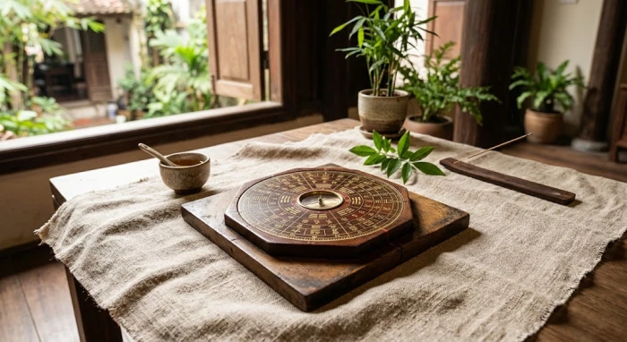 Sơ đồ la bàn phong thủy giúp giải đáp bát quái là gì với hình ảnh tám quẻ âm dương khắc nổi trên nền gỗ mộc mạc