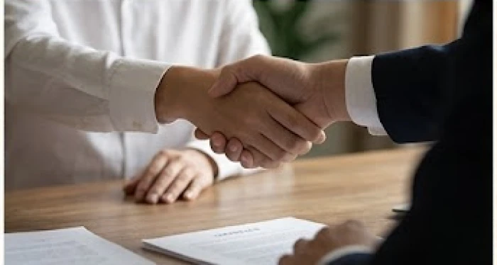 Hai người bắt tay nhau trên bàn làm việc ngụ ý về sự thỏa thuận và nguy cơ phản trắc ngầm