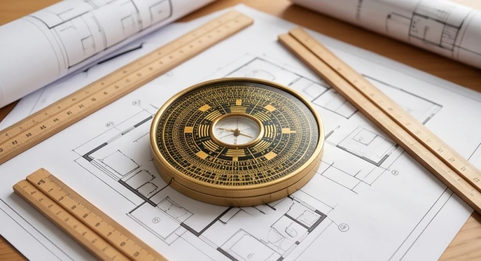La bàn bát trạch phong thủy đặt trên bản thiết kế nội thất hướng dẫn chọn cung phi cho tuổi đinh mão