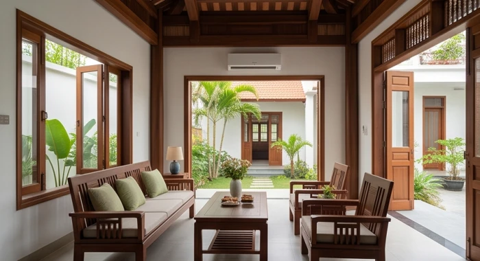 Mô hình không gian phòng khách hiện đại phân chia theo phương vị bát trạch hợp hướng nam và nữ mạng sinh năm 1958