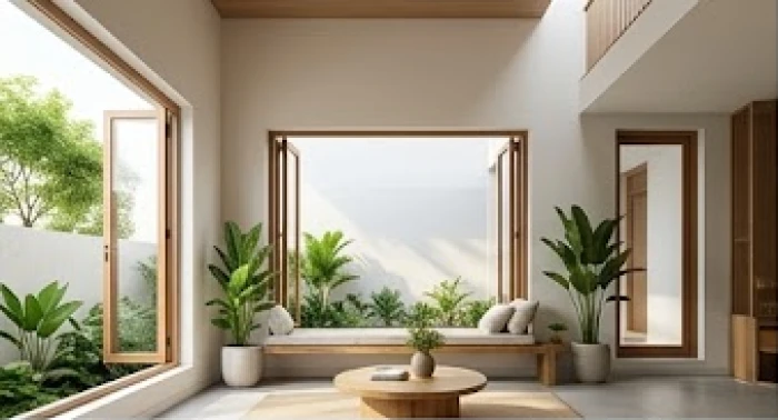 Không gian phòng khách hiện đại với cửa sổ lớn mở ra hướng sinh khí ngập tràn ánh sáng tự nhiên