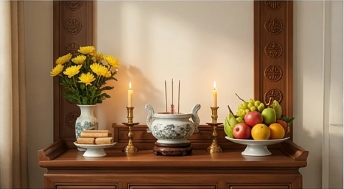 Sự bài trí cân đối giữa mâm ngũ quả, bình hoa tươi và đèn nhang trên ban thờ gia tiên cúng giải hạn