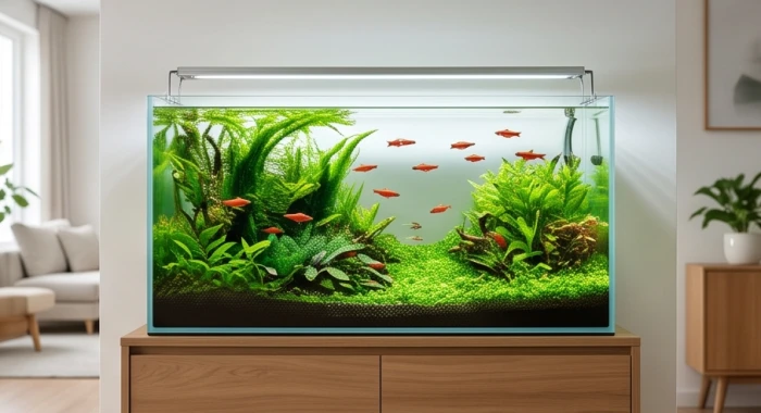 Bể cá thủy sinh hình chữ nhật đặt gọn gàng ở góc Đông Nam phòng khách mang lại sự cân bằng âm dương