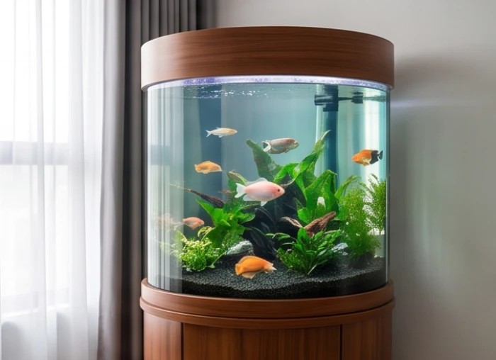 Bể cá thủy sinh mặt kính tròn bo mềm mại đặt trên kệ gỗ sang trọng giúp luân chuyển dòng năng lượng kim thủy