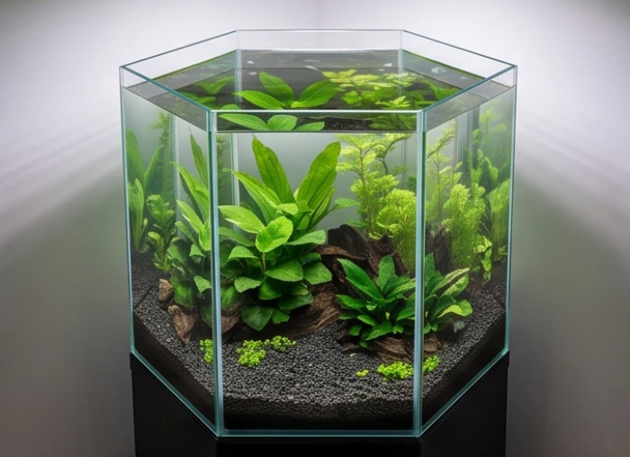 Bể cá lục giác kính cong tinh xảo phối nền sỏi đen và cụm cây thủy sinh xanh mát hợp ngũ hành tương sinh