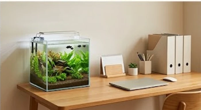Chiếc bể cá thủy sinh đúc khối mini đặt tinh tế ở góc bên trái bàn làm việc cá nhân