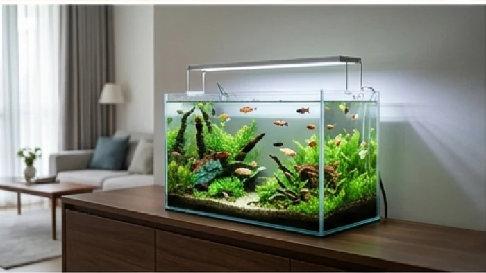 Bể cá thủy sinh mini với ánh sáng dịu nhẹ đặt trên kệ gỗ trong không gian sinh hoạt chung của gia đình