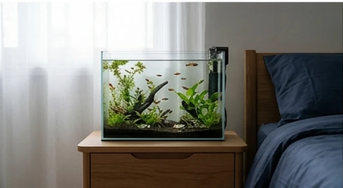 Bể cá thủy sinh mini với làn nước trong xanh đặt cạnh giường ngủ bộ ga màu xanh dương