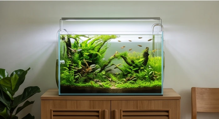 Bể cá thủy sinh nhỏ nhắn đặt trên kệ tủ gỗ với những đàn cá cảnh bơi lội tung tăng trong dòng nước
