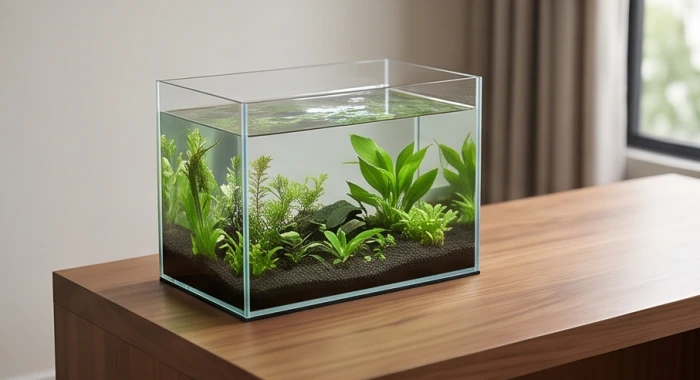 Bể cá thủy sinh mini kích thước trang nhã đặt góc trái bàn làm việc giúp bổ trợ sinh khí cho tuổi Ất Mão 1975