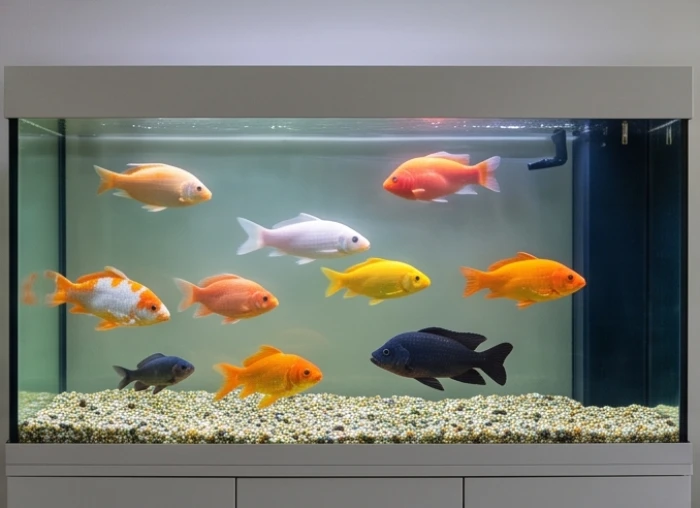 Đàn cá bơi lội khỏe mạnh với tỷ lệ màu sắc được tính toán kỹ lưỡng gồm tám con sáng và một con tối