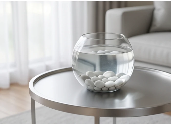 Bể cá thủy tinh nhỏ đặt bên bàn sofa màu trắng giúp hoàn thiện vòng tương sinh cho gia chủ 2005
