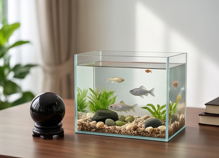 Bể cá phong thủy mini đặt tại góc tài lộc phòng làm việc giúp hóa giải xung khắc tuổi Quý Sửu 1973