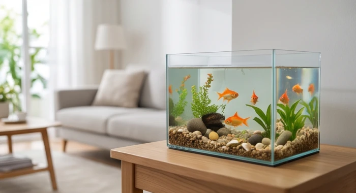 Bể cá phong thủy mini với làn nước trong vắt đặt tại góc phòng khách giúp hóa giải xung khắc ngũ hành giữa các thế hệ