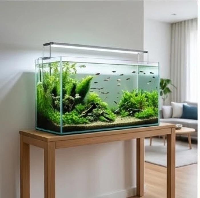 Bể cá cảnh thủy sinh mini đặt trang trọng trên chiếc bàn gỗ ở phòng khách giúp luân chuyển nguồn vượng khí