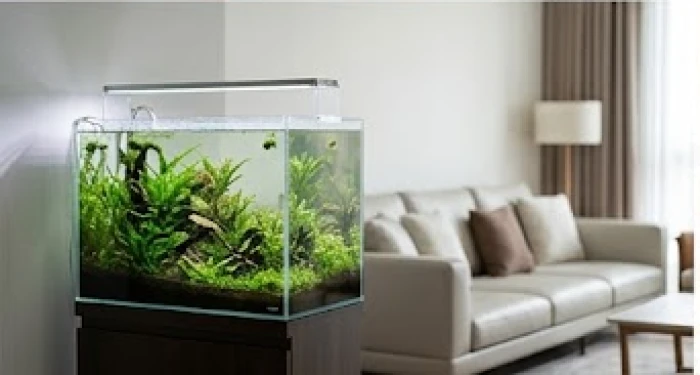 Bể cá thủy sinh nhỏ gọn bài trí tinh tế ở góc phòng khách giúp tiết chế năng lượng Hỏa