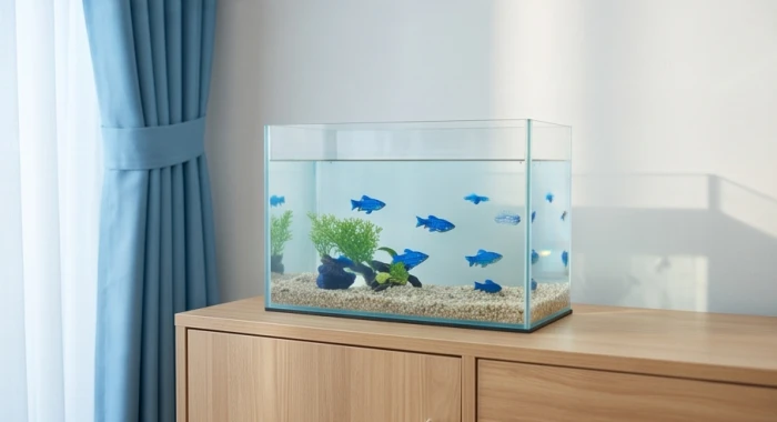 Bể cá thủy sinh trong lành đặt tại phòng khách sáng sủa giúp bổ sung năng lượng hành Thủy điều hòa xung khắc gia đạo