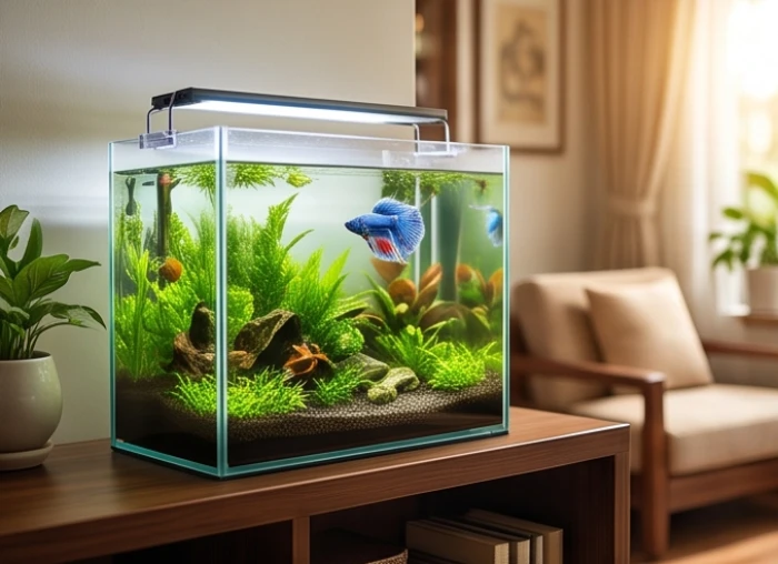 Bể cá thủy sinh nhỏ gọn đặt tinh tế trên kệ gỗ trong phòng khách để điều hòa năng lượng