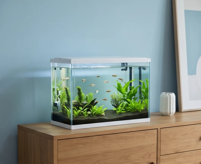 Bể cá thủy sinh nhỏ gọn đặt trang nhã tại phòng khách giúp bổ sung hành Thủy hòa giải xung khắc ngũ hành trong gia đình