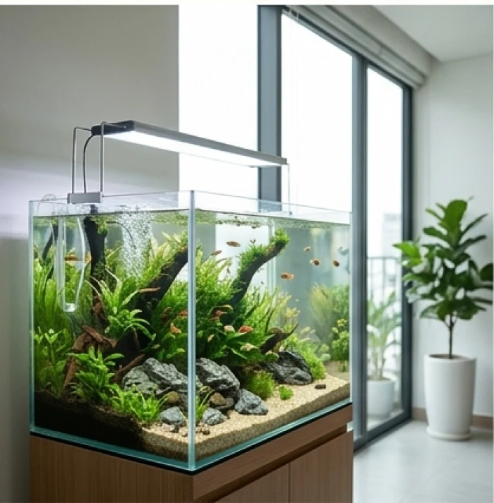 Bể cá thủy sinh xanh mát đặt tại hướng Bắc của văn phòng giúp điều hòa sinh khí cho hai tuổi khắc nhau