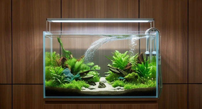 Bể cá thủy sinh và tranh thác nước hành Thủy trong phòng làm việc để hóa giải xung khắc khi xem tuổi dần hợp tuổi nào