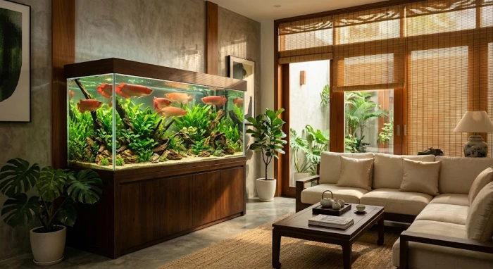 Mẫu bể cá phong thủy tuổi dần tuyệt đẹp đặt trong phòng khách hiện đại với ánh sáng tự nhiên