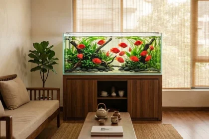 Thiết kế bể cá phong thủy tuổi dậu đẹp mắt với đàn cá Huyết Anh Vũ bơi lội trong phòng khách