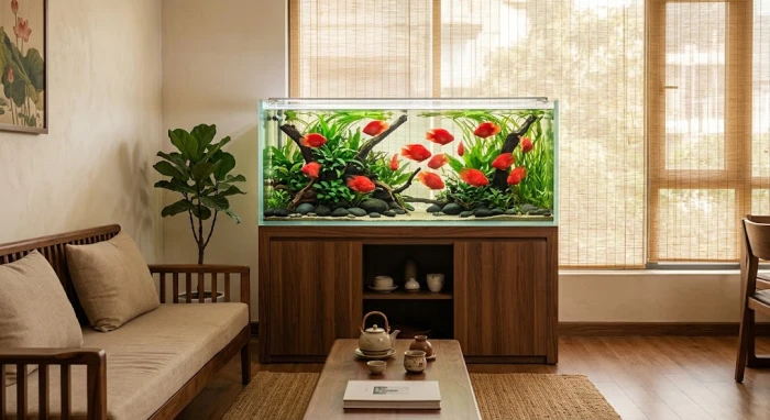 Thiết kế bể cá phong thủy tuổi dậu đẹp mắt với đàn cá Huyết Anh Vũ bơi lội trong phòng khách