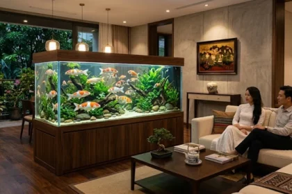Bể cá phong thủy tuổi hợi tuyệt đẹp với ánh sáng ấm áp được bài trí tinh tế trong không gian phòng khách Việt Nam